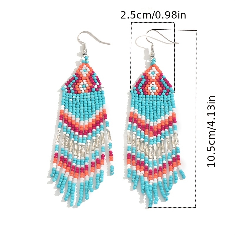 Ethnic-Style Long Geometric Tassel Seed Bead Earrings